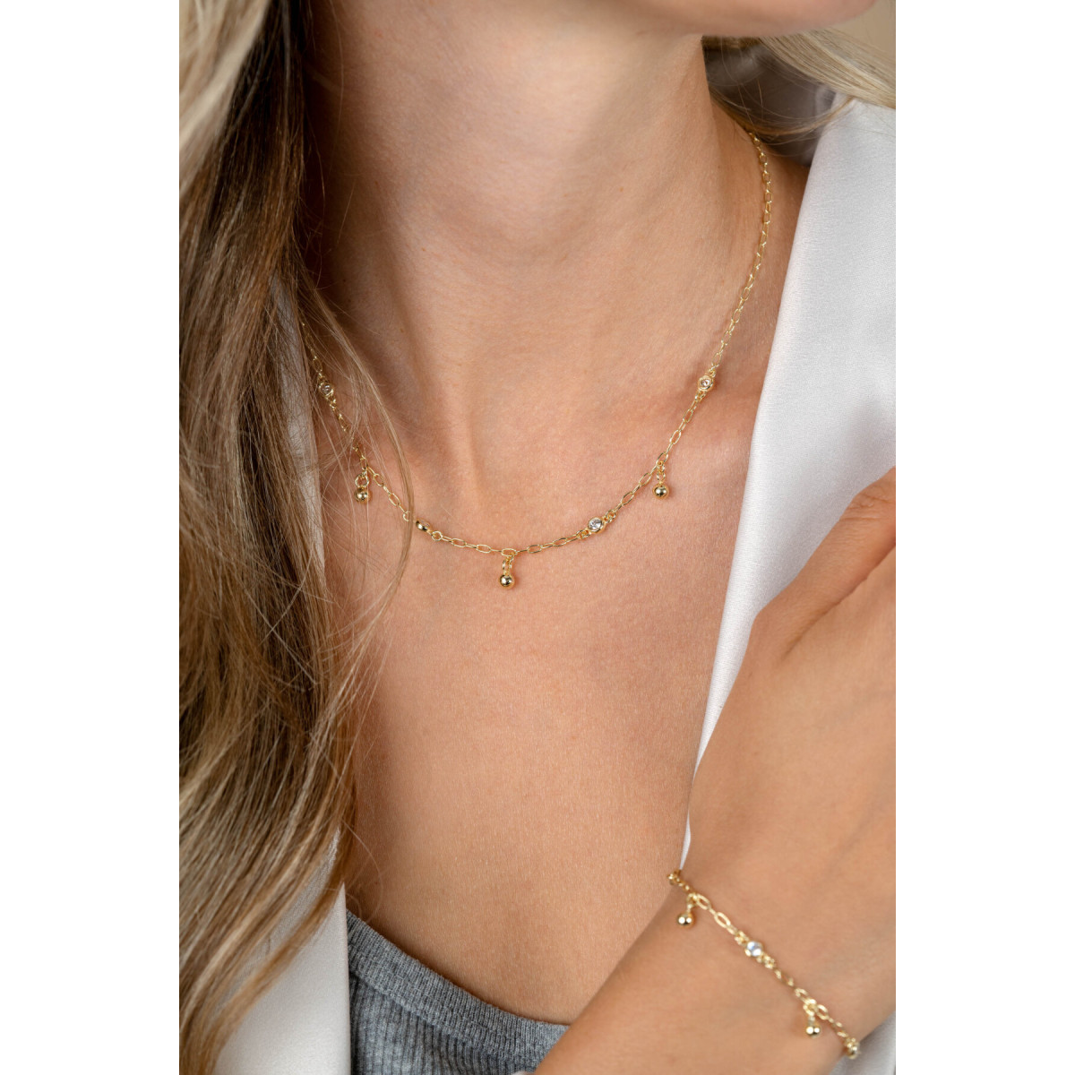 Zinzi ZIC2658 goudkleurige schakelketting met zirkonia en bolletjes - Lengte 42-45 cm