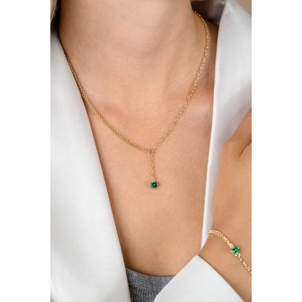 Zinzi ZIC2660G goudkleurige Y-ketting met groene ronde steen 6.5 mm breed - Lengte 42-45 cm