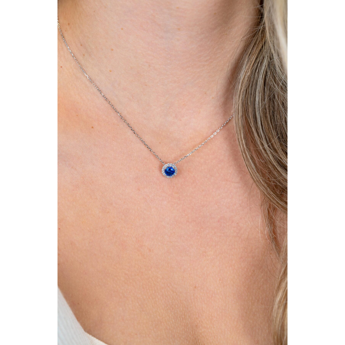 Zinzi ZIC2697B zilveren ketting met hanger ronde blauwe zirkonia 8 mm breed - Lengte 45 cm