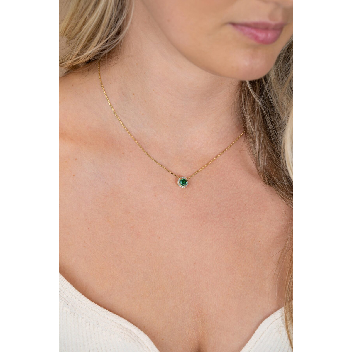 Zinzi ZIC2697G vergulde ketting met ronde hanger smaragdgroen 8 mm - Lengte 45 cm