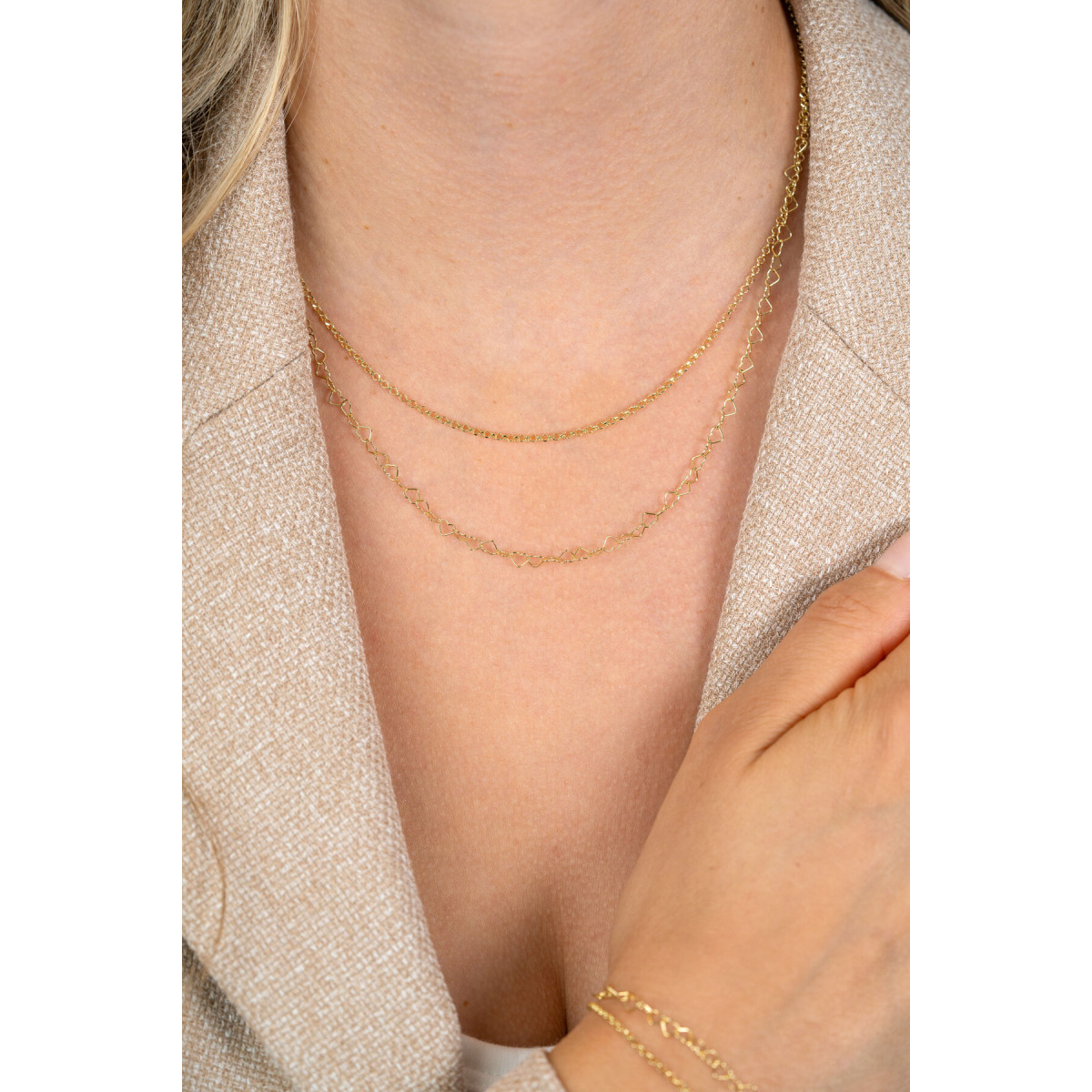 Zinzi ZIC2775G gold plated dubbele schakelketting met hart 5.3 mm breed - Lengte 40-45 cm
