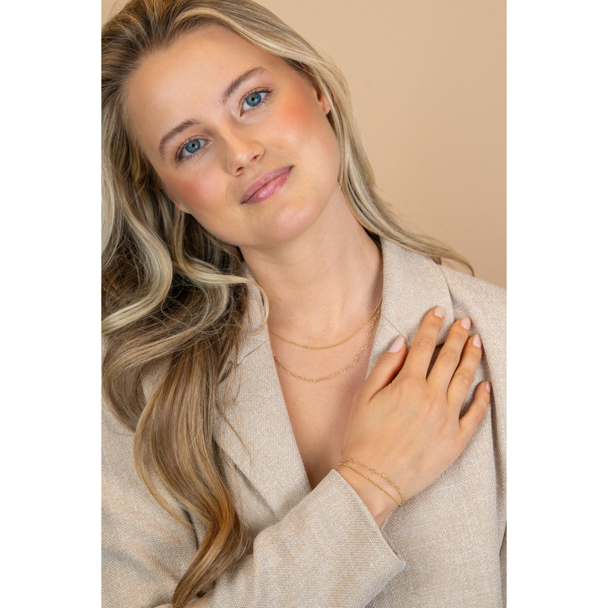 Zinzi ZIC2775G gold plated dubbele schakelketting met hart 5.3 mm breed - Lengte 40-45 cm