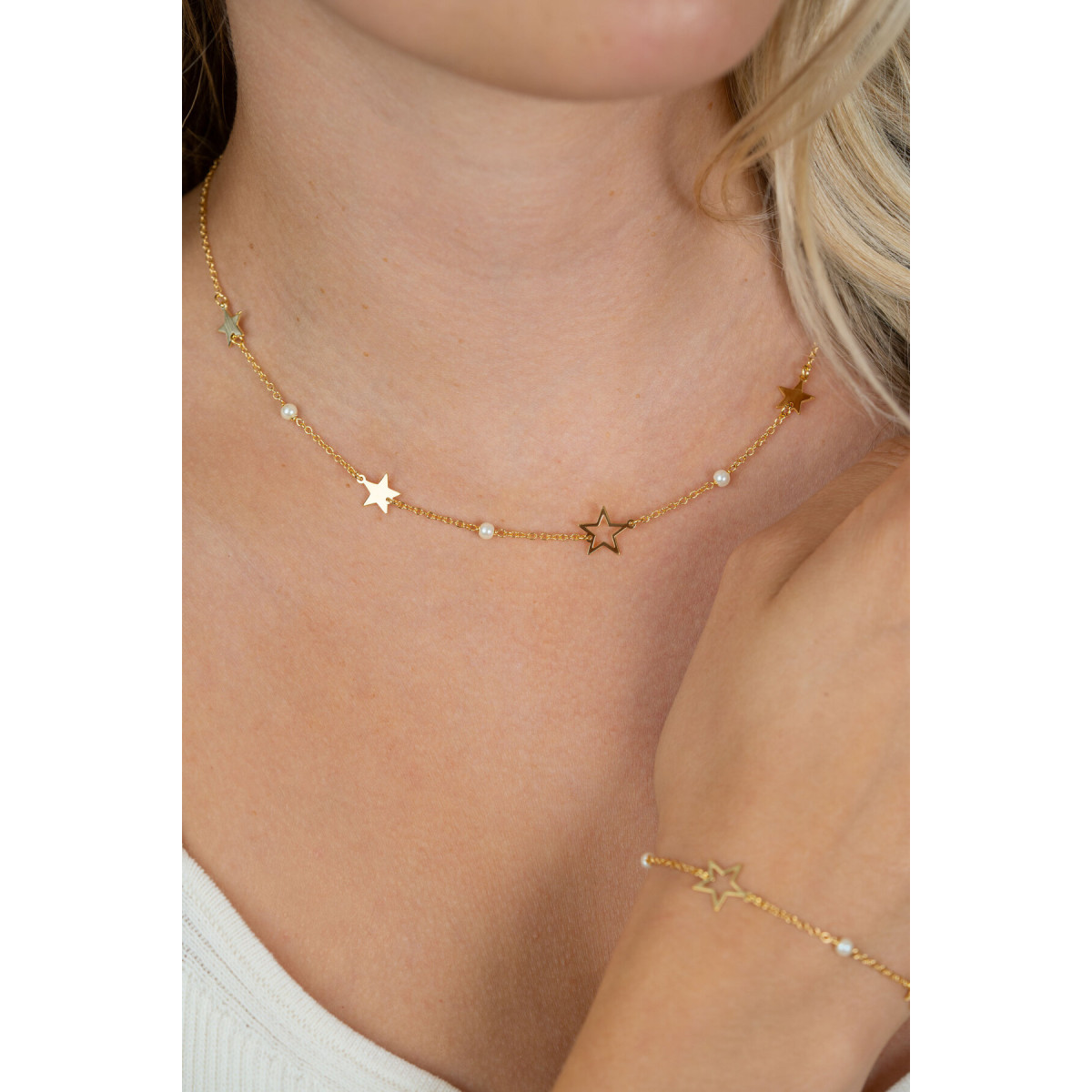 Zinzi ZIC2780 goudkleurige schakelketting met parels en ster 10 mm breed - Lengte 42-47 cm