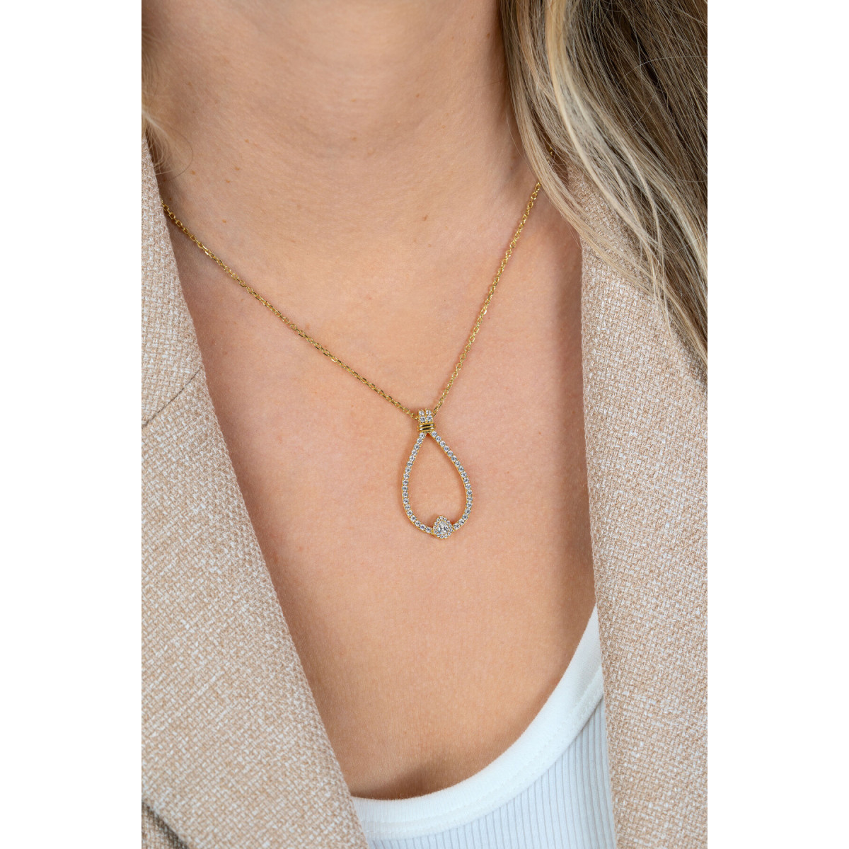 Zinzi ZIC2815 gold plated ketting met hanger druppel zirkonia 18.5 mm breed - Lengte 42-45 cm