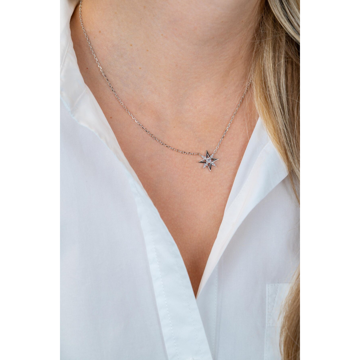 Zinzi ZIC2838 zilveren ketting met hanger ster zirkonia 14 mm breed - Lengte 42-45 cm