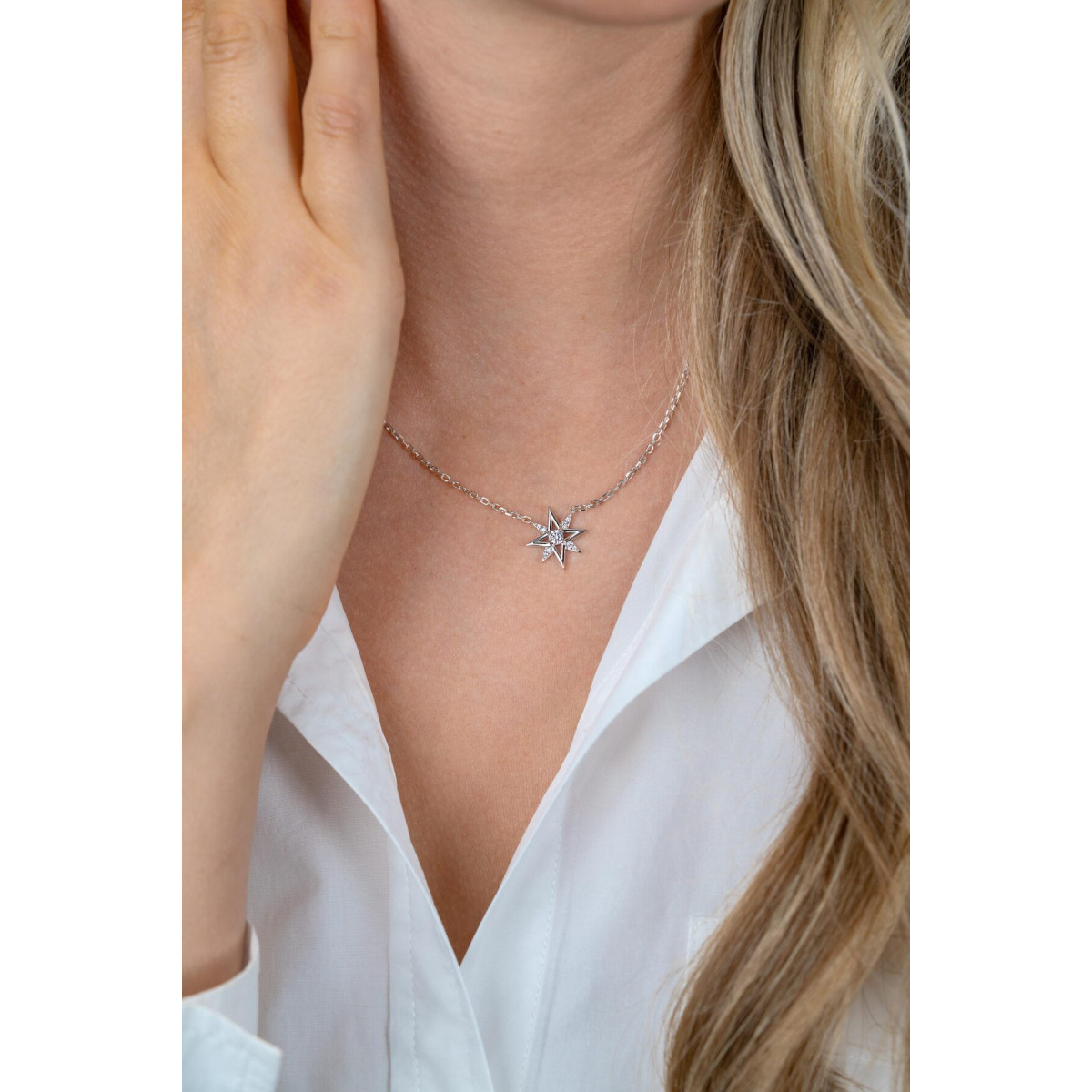 Zinzi ZIC2838 zilveren ketting met hanger ster zirkonia 14 mm breed - Lengte 42-45 cm