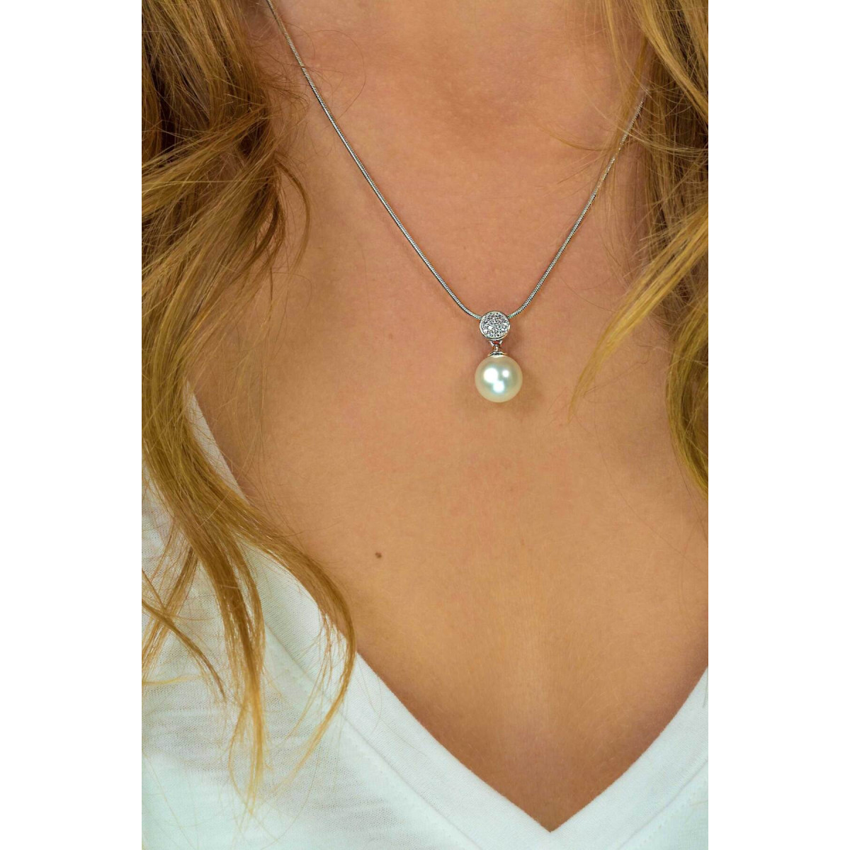 Zinzi ZIH1151 zilveren hanger met witte imitatieparel en transparante zirkonia's 10 mm breed - Hoogte 19.5 mm