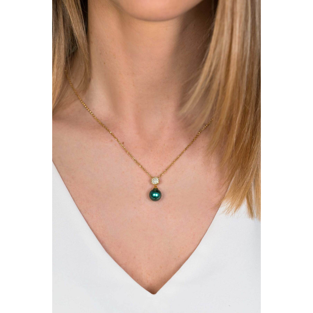 Zinzi ZIH1151GG gold plated hanger met groene imitatieparel en zirkonia's 10 mm breed - Hoogte 18.5 mm