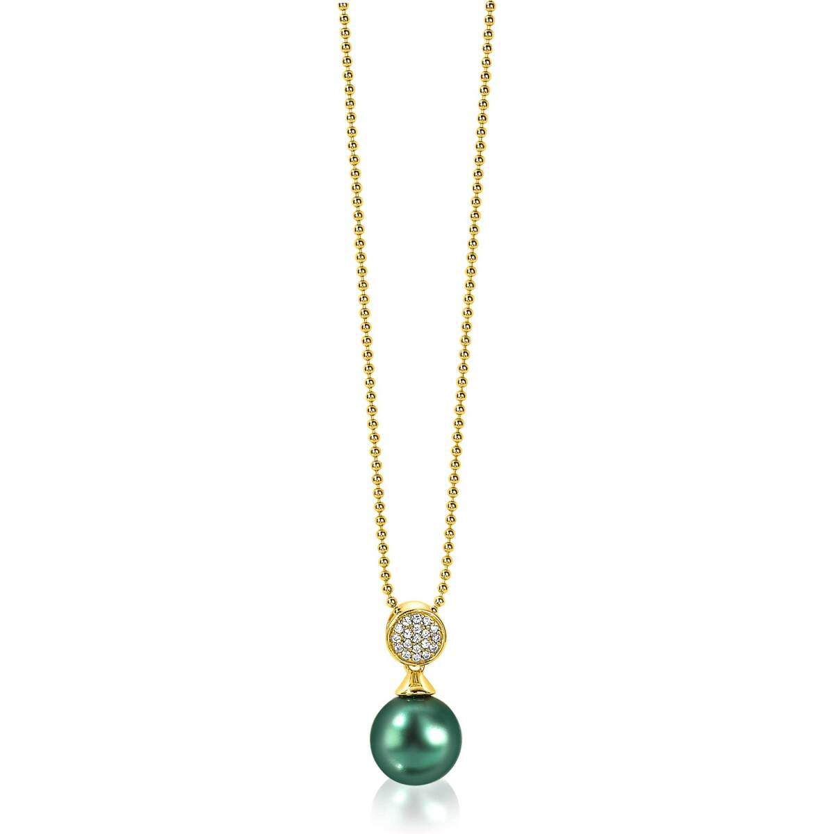 Zinzi ZIH1151GG gold plated hanger met groene imitatieparel en zirkonia's 10 mm breed - Hoogte 18.5 mm