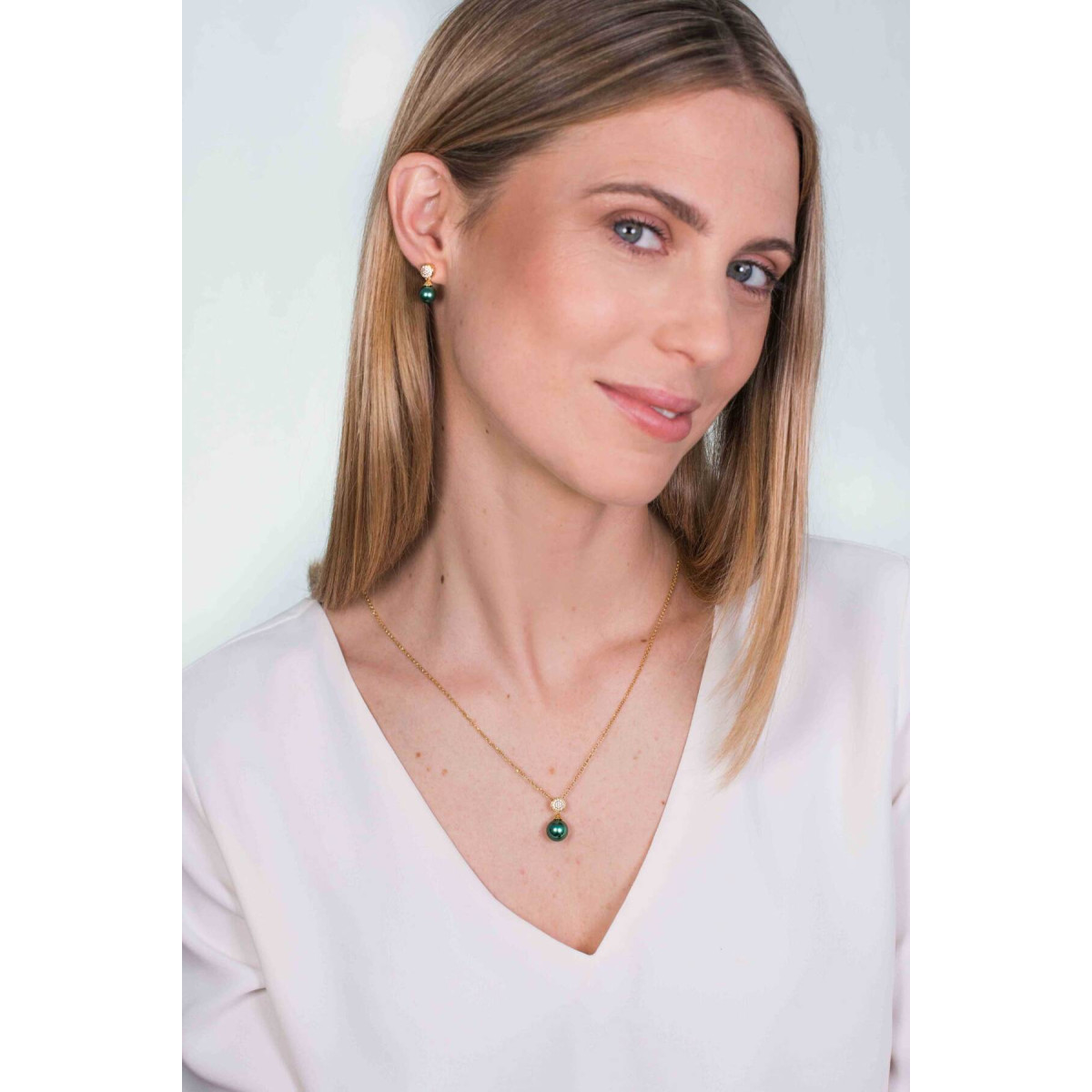 Zinzi ZIH1151GG gold plated hanger met groene imitatieparel en zirkonia's 10 mm breed - Hoogte 18.5 mm