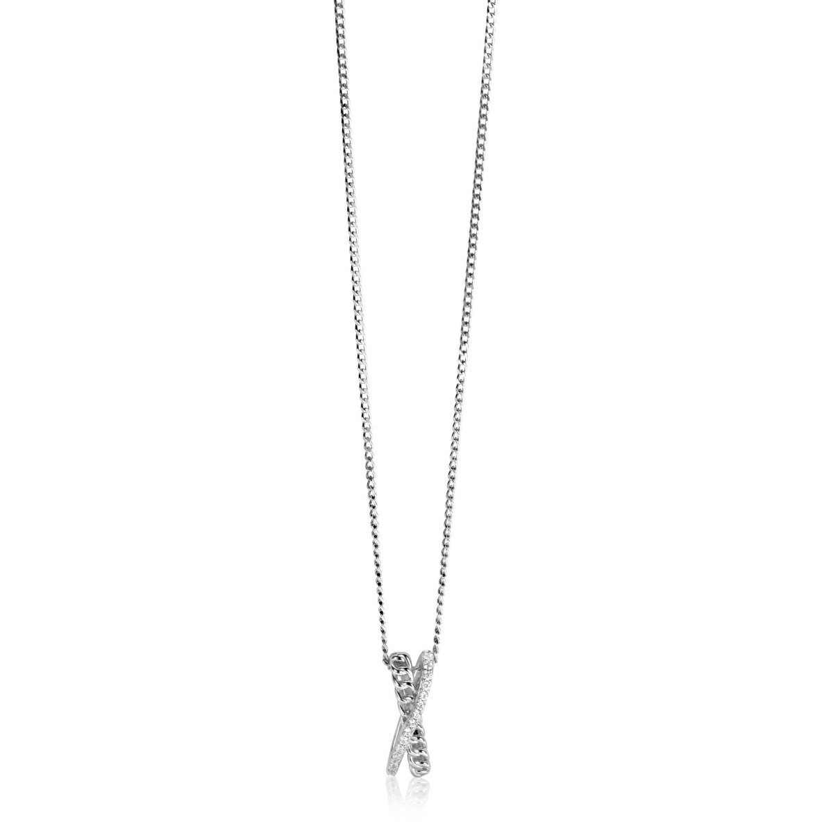 Zinzi ZIH2326 zilveren hanger kruis met gourmet schakels en transparante zirkonia 6.8 mm breed - Hoogte 20 mm