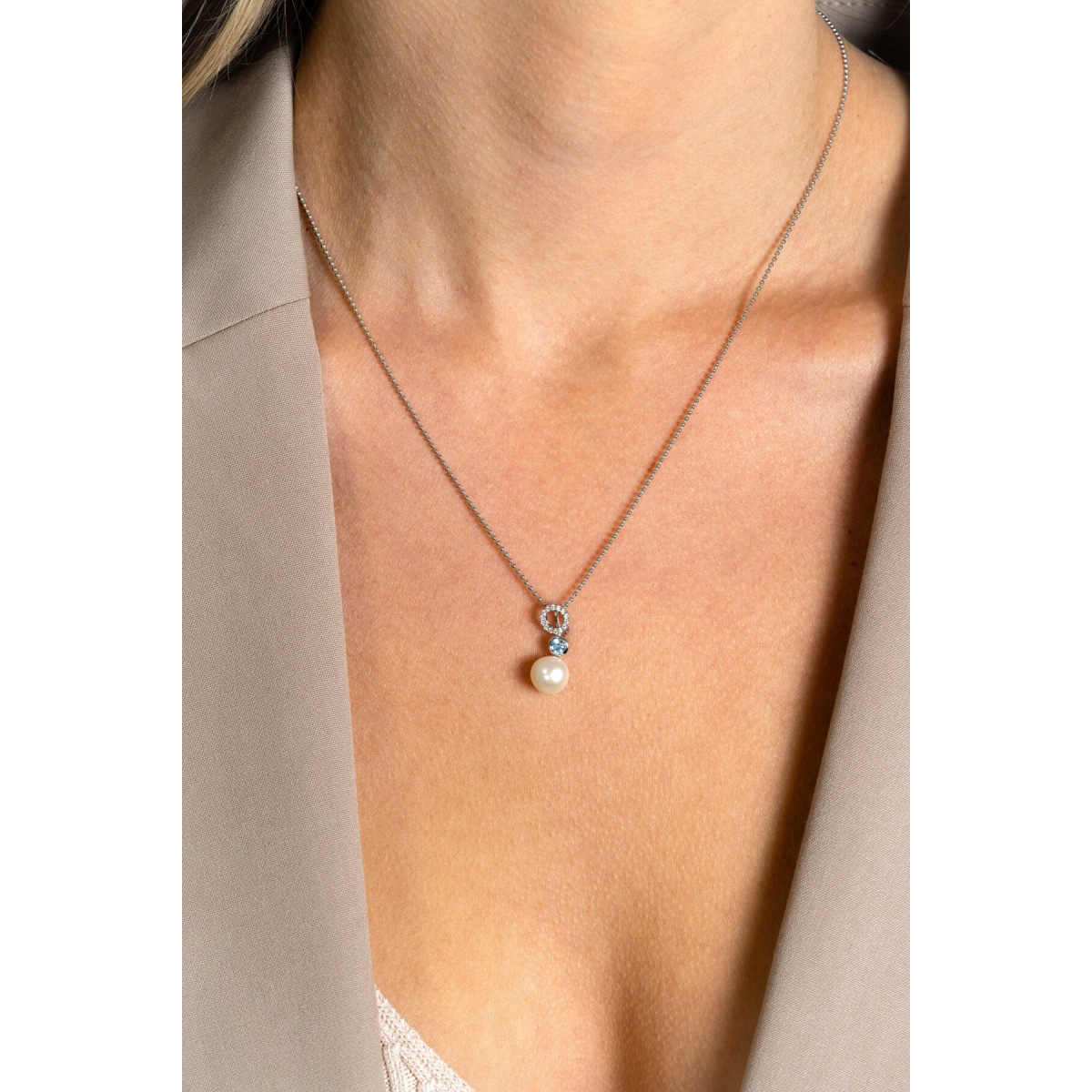 Zinzi ZIH2442 zilveren hanger met blauwe zirkonia en parel 8 mm breed - Hoogte 20 mm