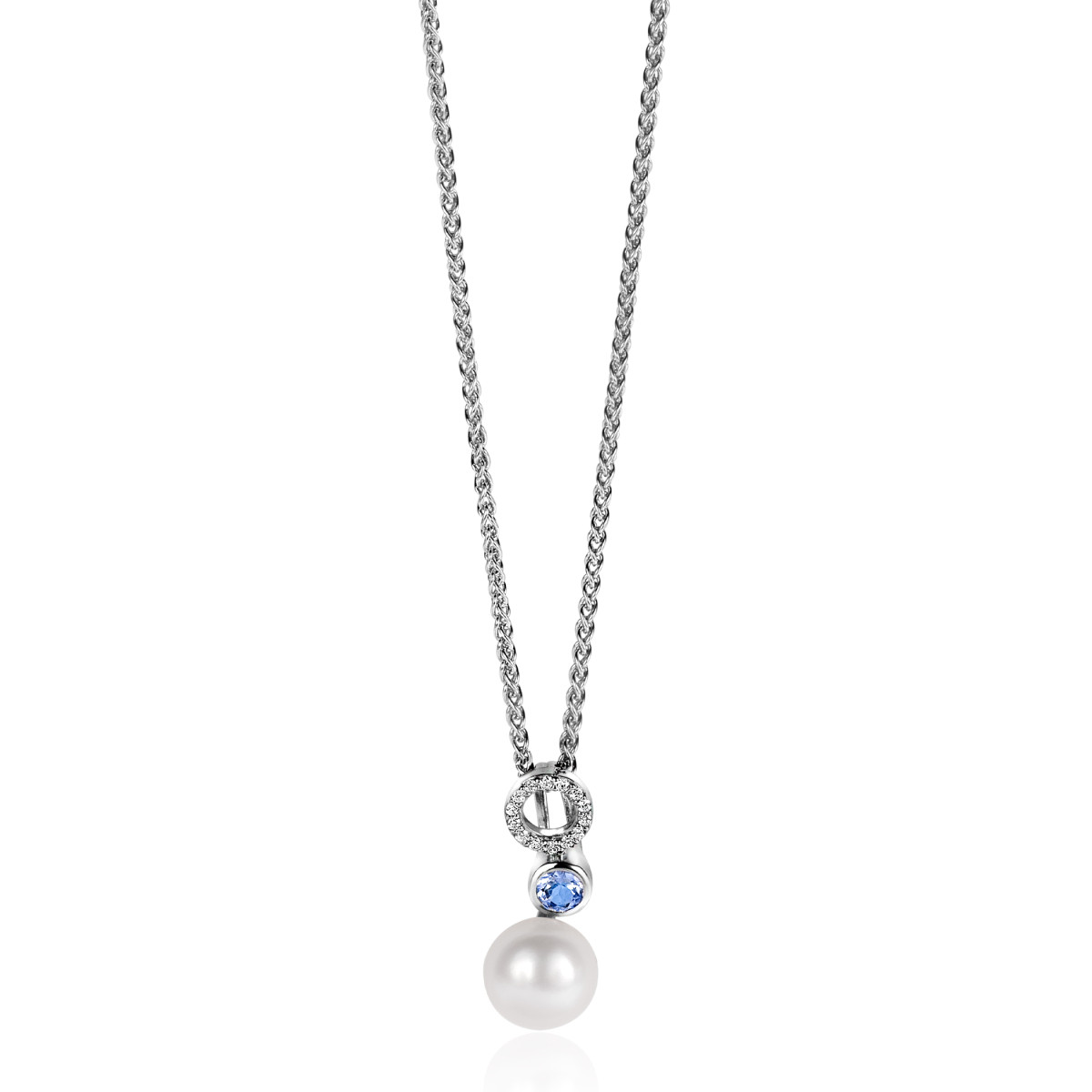 Zinzi ZIH2442 zilveren hanger met blauwe zirkonia en parel 8 mm breed - Hoogte 20 mm