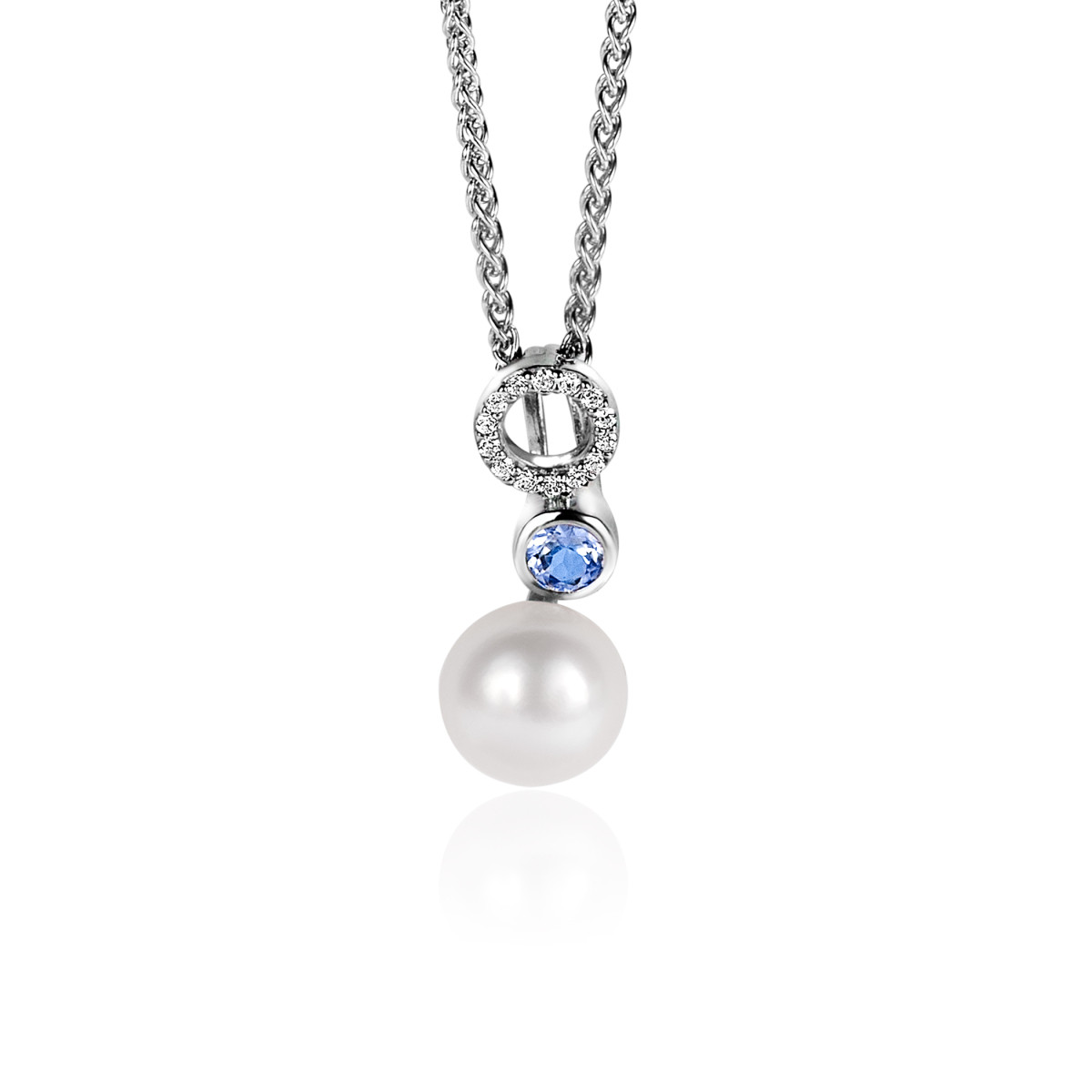 Zinzi ZIH2442 zilveren hanger met blauwe zirkonia en parel 8 mm breed - Hoogte 20 mm