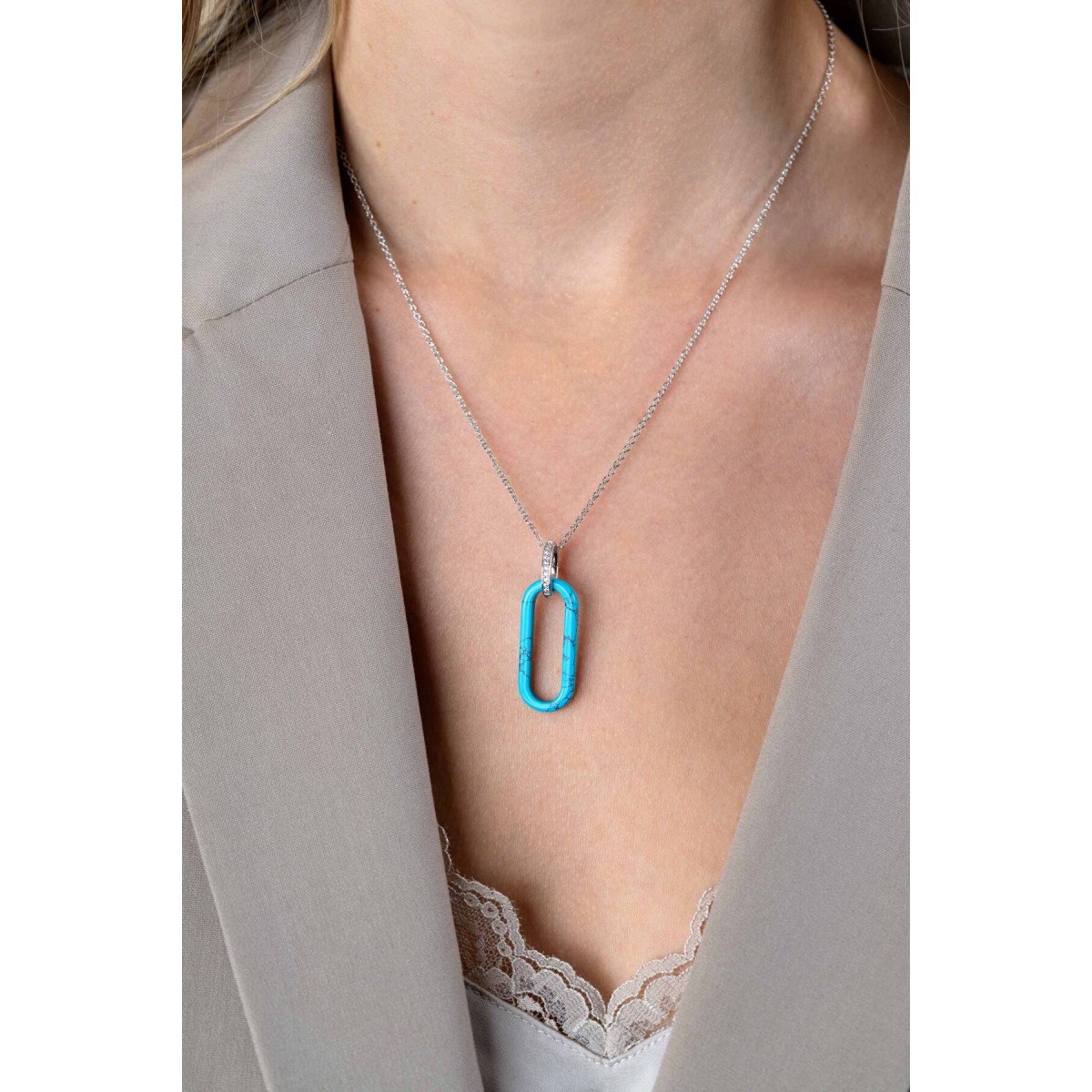 Zinzi ZIH2456T zilveren hanger ovaal met turquoise en pavé zirkonia 12.5 mm breed - Hoogte 38 mm