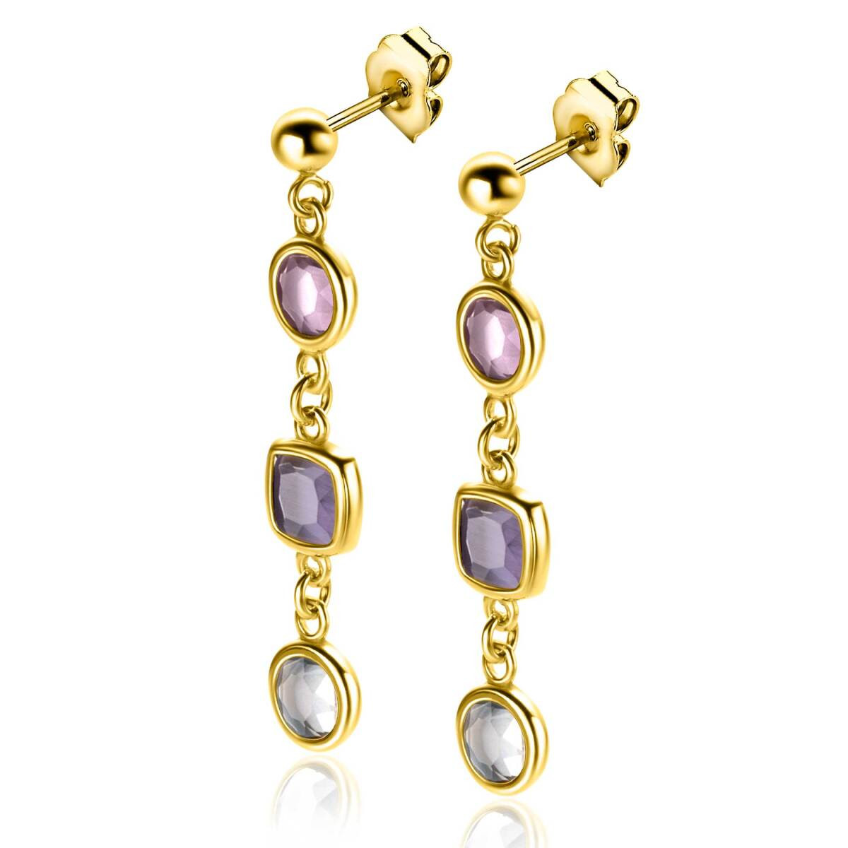 Zinzi ZIO2525G goudkleurige oorhangers met paarse zirkonia 7.2 mm breed - Hoogte 40 mm