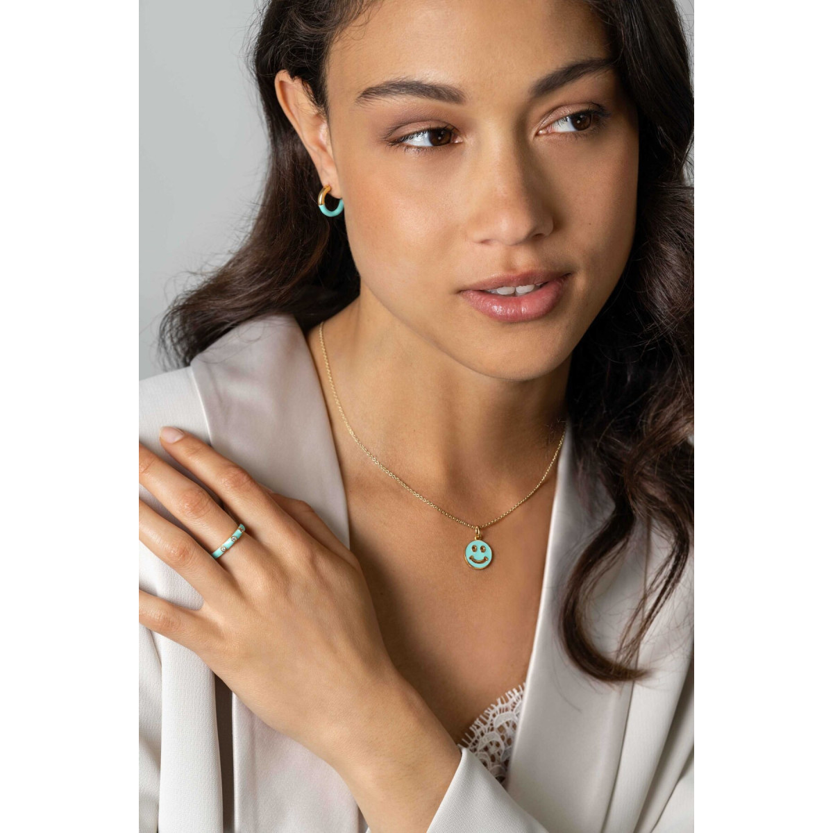 Zinzi ZIR2315T goudkleurige aanschuifring met turquoise emaille en zirkonia's 3 mm breed
