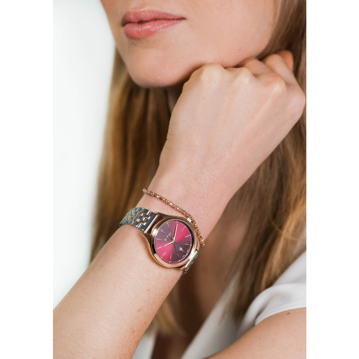 Zinzi ZIW1038 bicolor gold plated stalen horloge met rode wijzerplaat - Ø 34 mm