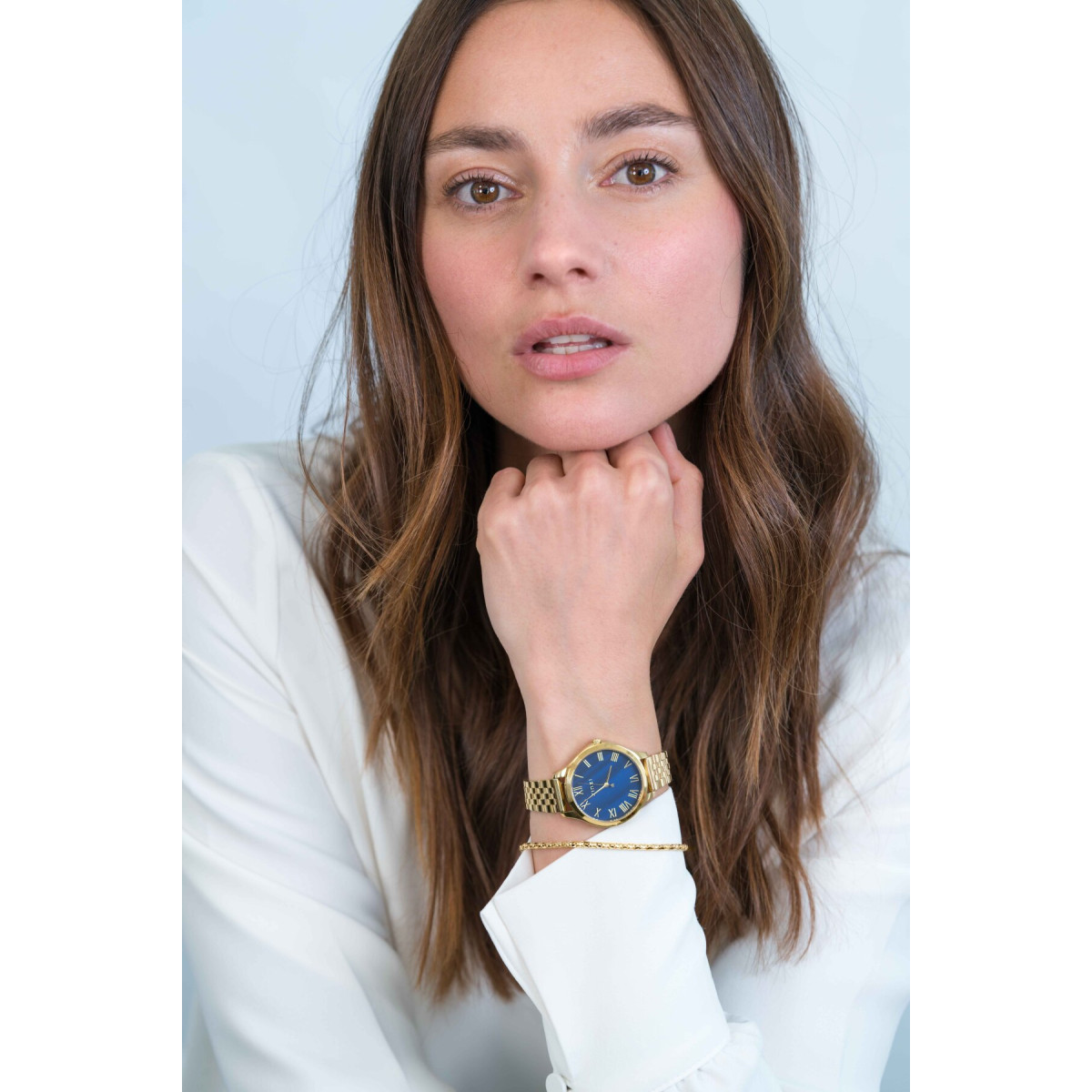 Zinzi ZIW1147 gold plated dameshorloge met blauwe wijzerplaat en stalen band - Ø 34 mm