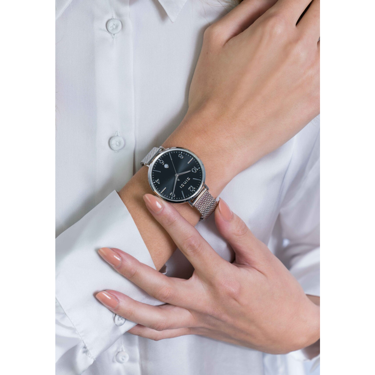 Zinzi ZIW1401 zilverkleurig stalen horloge met zwarte wijzerplaat en mesh band - Ø 38 mm