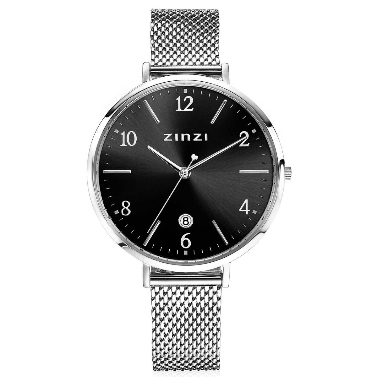 Zinzi ZIW1401 zilverkleurig stalen horloge met zwarte wijzerplaat en mesh band - Ø 38 mm