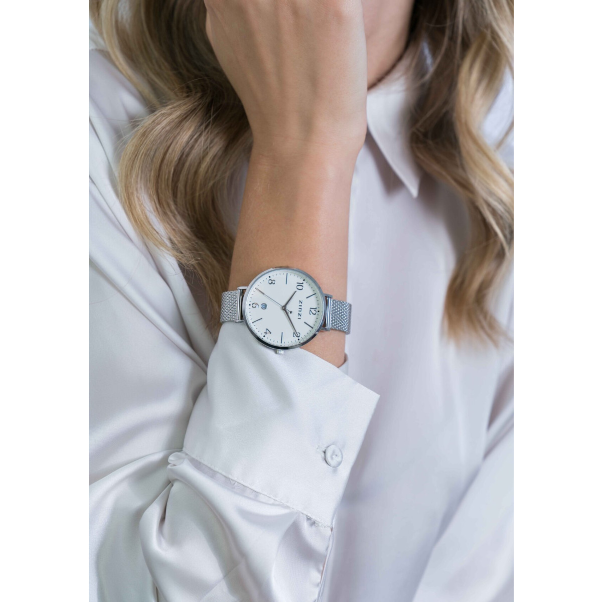 Zinzi ZIW1406 zilverkleurig stalen horloge met mesh band en datum - Ø 38 mm