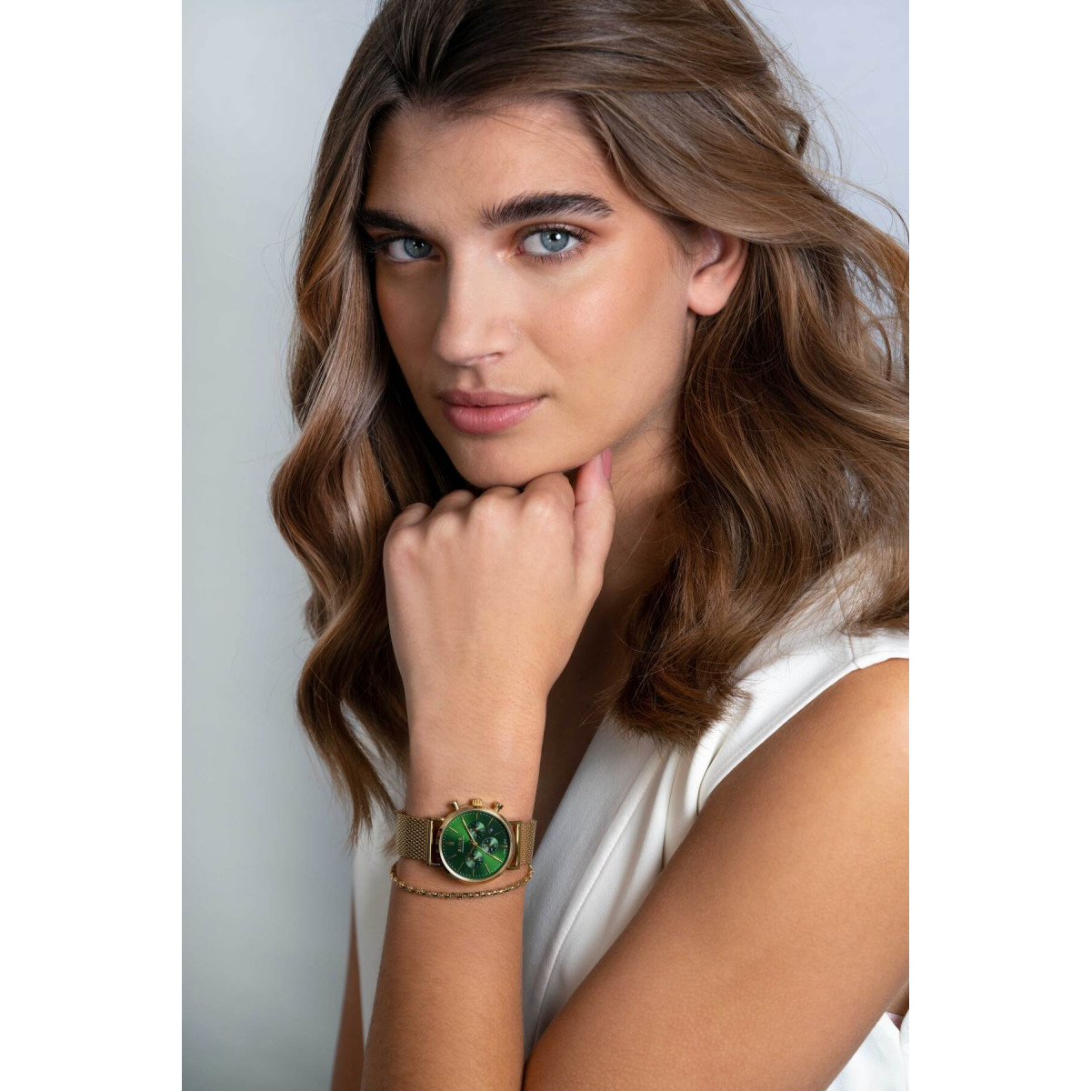 Zinzi ZIW1535 gold plated stalen horloge met groene wijzerplaat en mesh band - Ø 34 mm