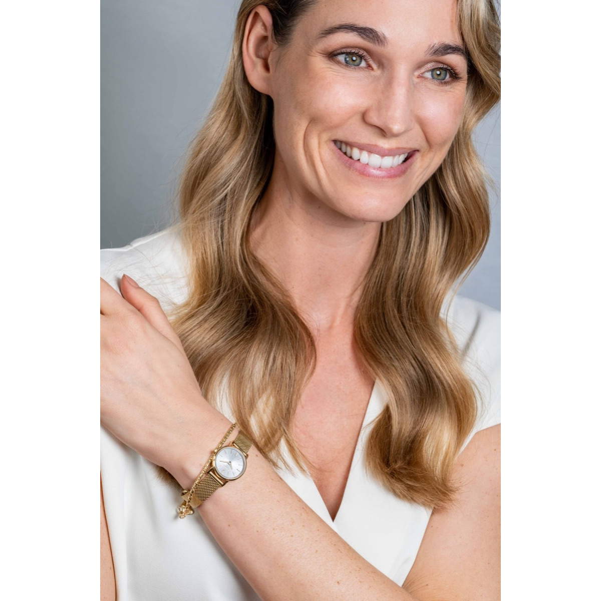 Zinzi ZIW1833 goudkleurig stalen horloge met mesh band en zilverkleurige wijzerplaat - Ø 24 mm