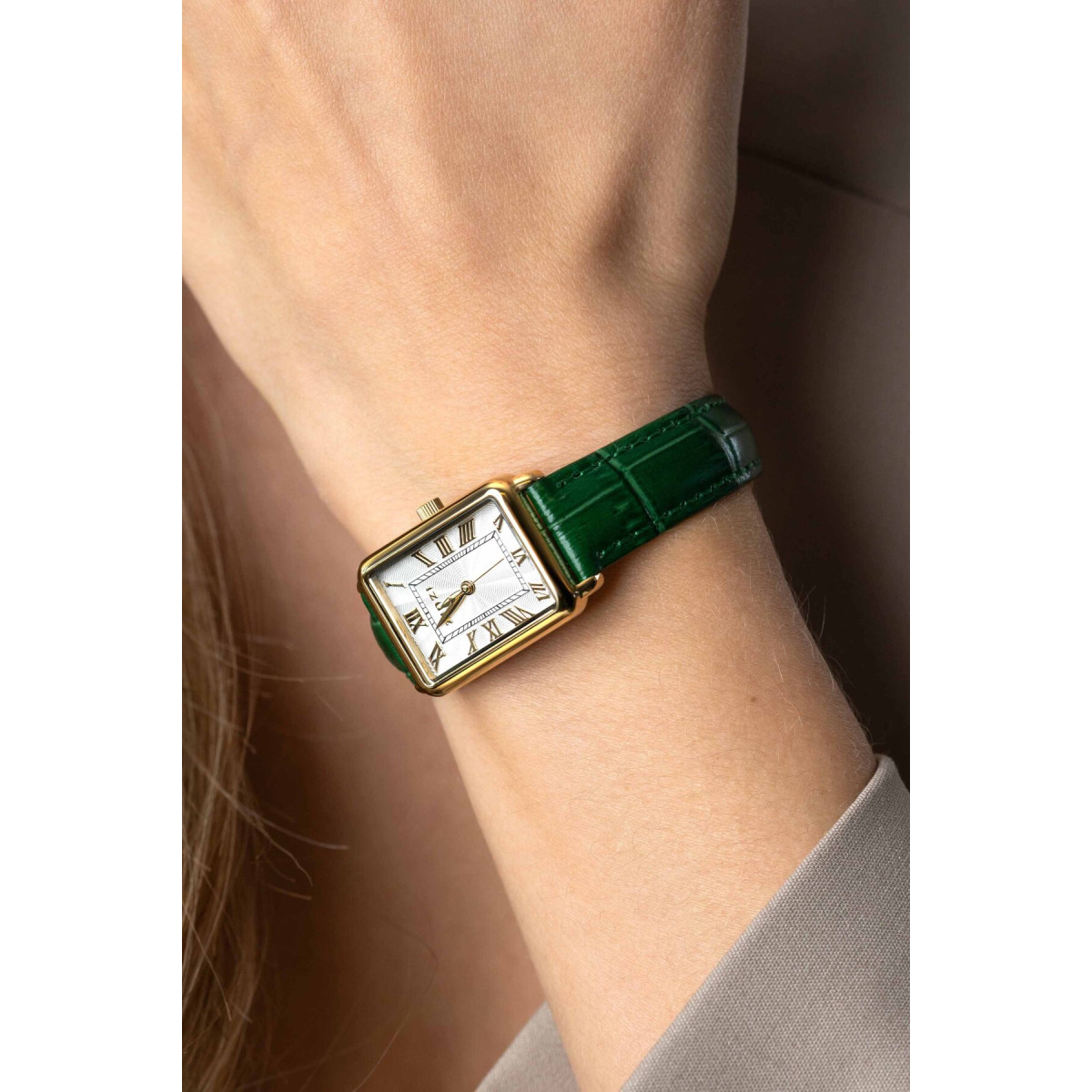 Zinzi ZIW1907G bicolor stalen horloge met groene leren krokoprint band - Ø 28 mm