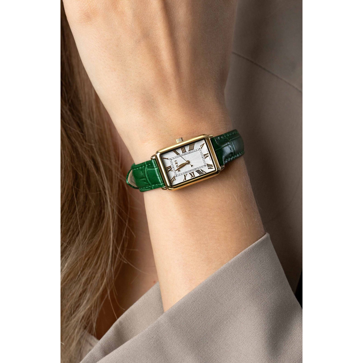Zinzi ZIW1907G bicolor stalen horloge met groene leren krokoprint band - Ø 28 mm