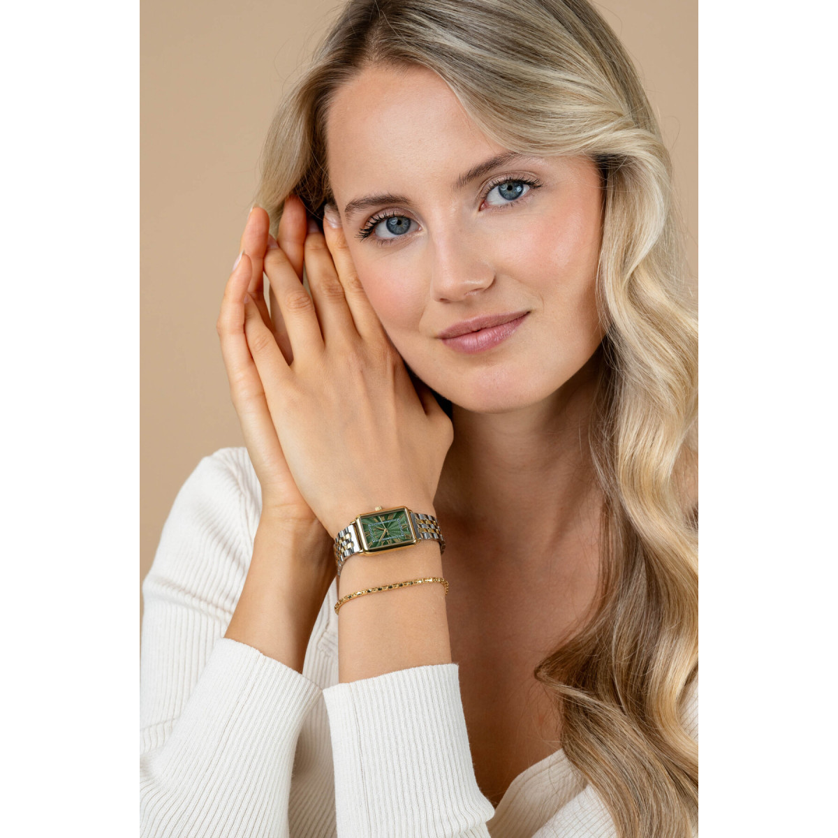 Zinzi ZIW1935 gold plated stalen horloge met bicolor schakelband en groene wijzerplaat