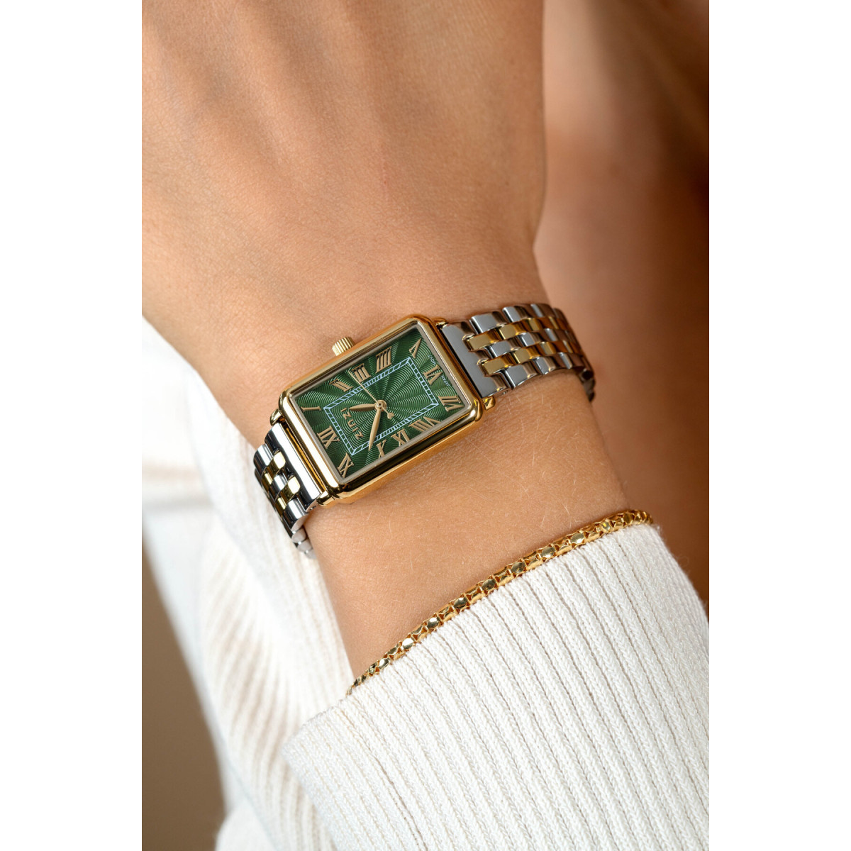 Zinzi ZIW1935 gold plated stalen horloge met bicolor schakelband en groene wijzerplaat