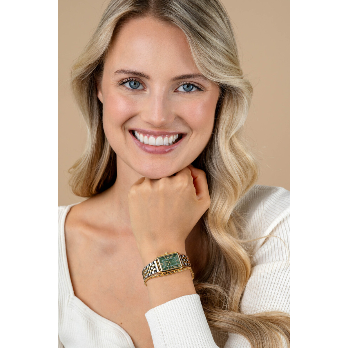 Zinzi ZIW1935 gold plated stalen horloge met bicolor schakelband en groene wijzerplaat