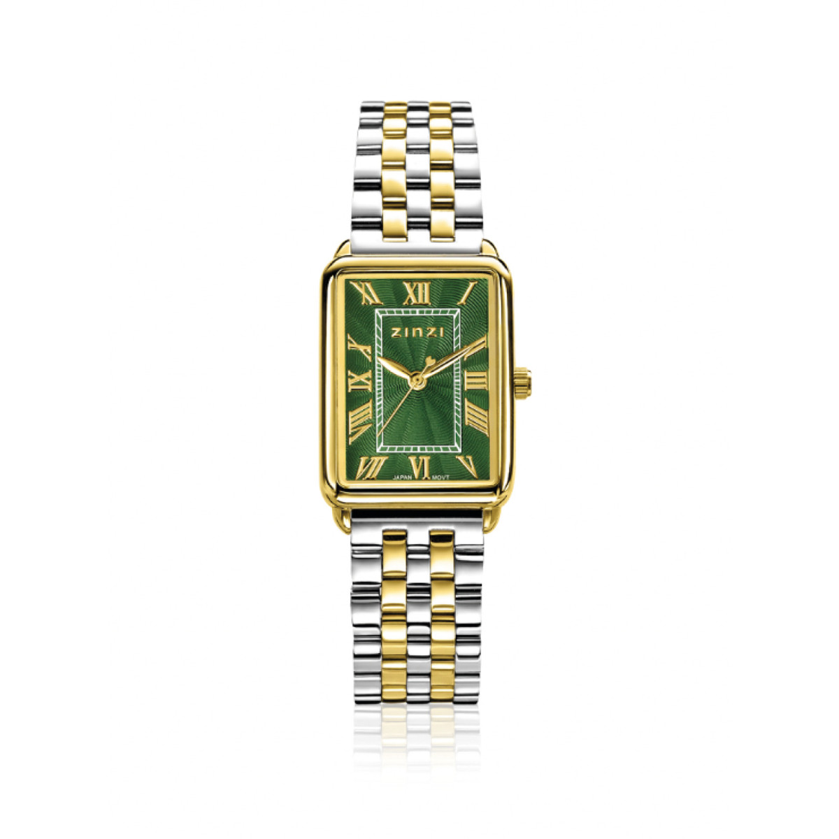 Zinzi ZIW1935 gold plated stalen horloge met bicolor schakelband en groene wijzerplaat