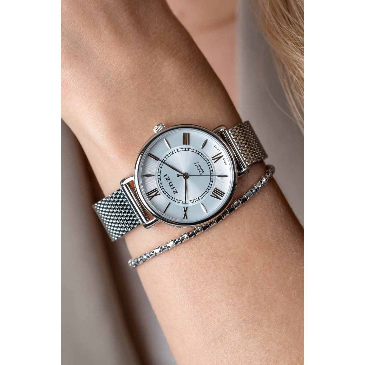 Zinzi ZIW2002 zilverkleurig stalen horloge met mesh band en Romeinse cijfers - Ø 34 mm