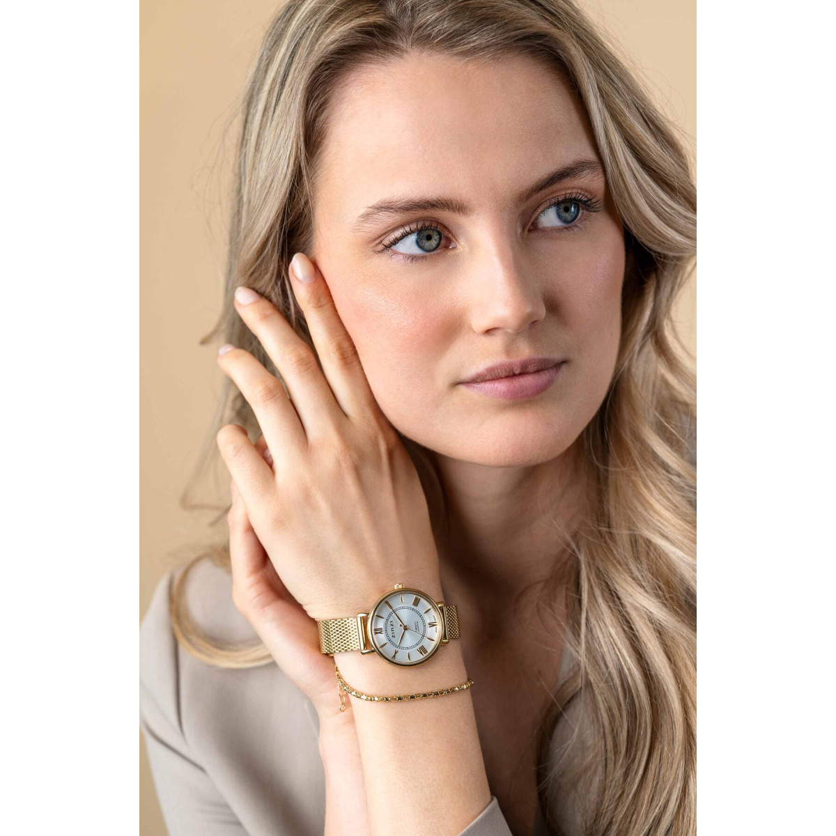 Zinzi ZIW2033 verguld stalen horloge met ronde zilverkleurige wijzerplaat - Ø 34 mm