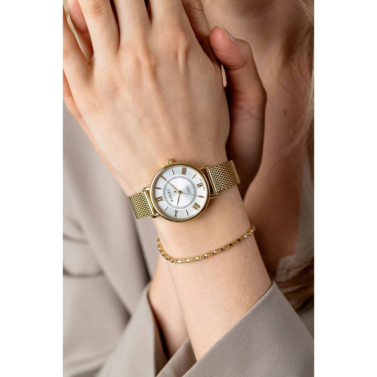 Zinzi ZIW2033 verguld stalen horloge met ronde zilverkleurige wijzerplaat - Ø 34 mm