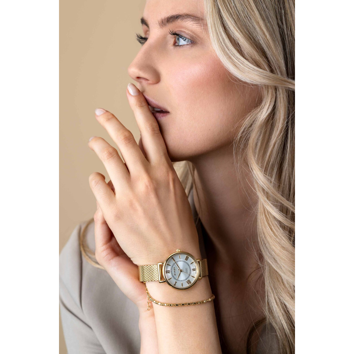 Zinzi ZIW2033 verguld stalen horloge met ronde zilverkleurige wijzerplaat - Ø 34 mm