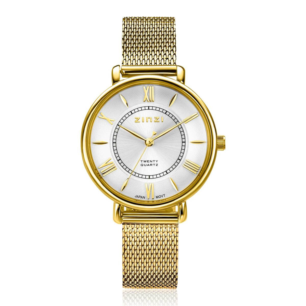 Zinzi ZIW2033 verguld stalen horloge met ronde zilverkleurige wijzerplaat - Ø 34 mm