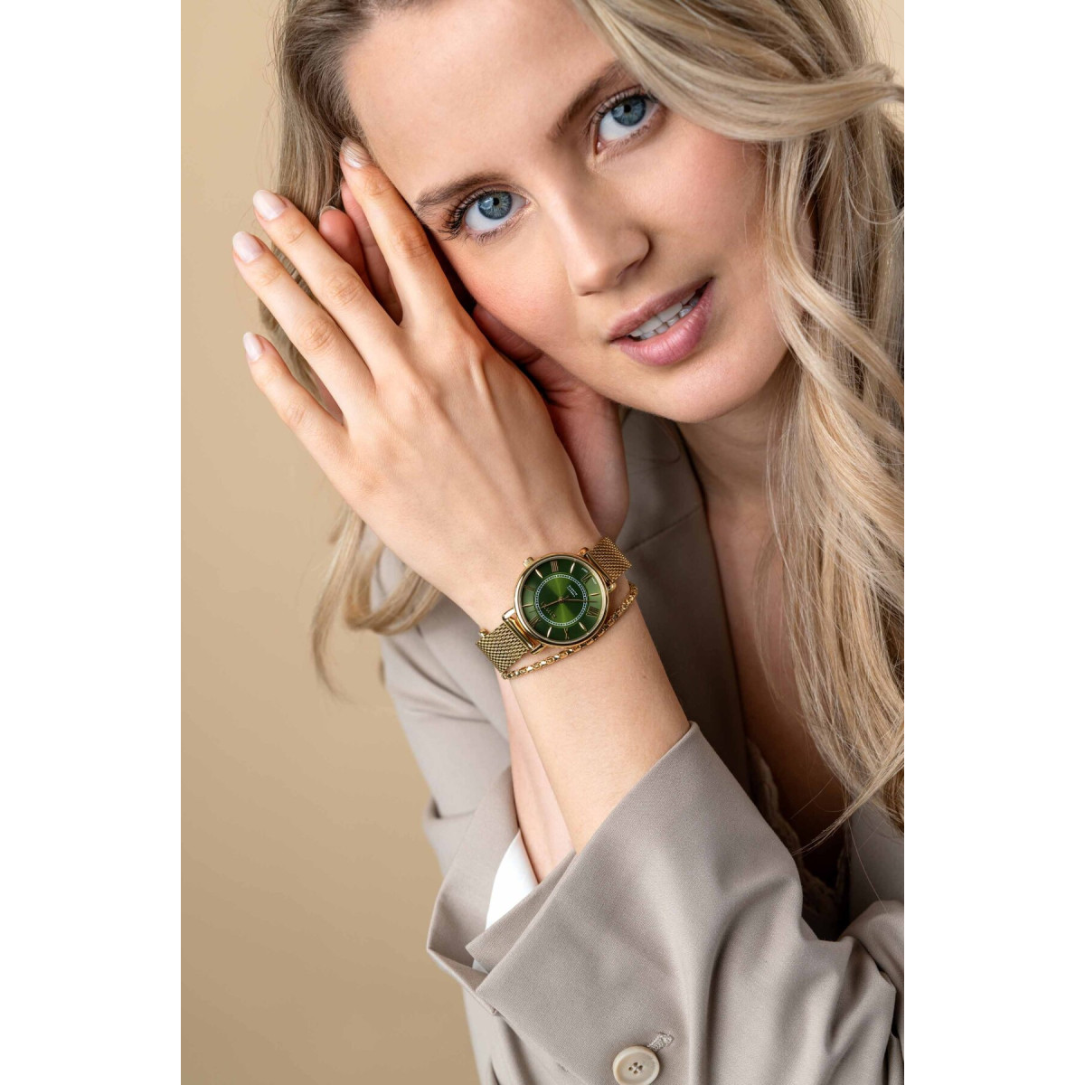 Zinzi ZIW2054 gold plated stalen horloge met groene wijzerplaat en mesh band - Ø 34 mm