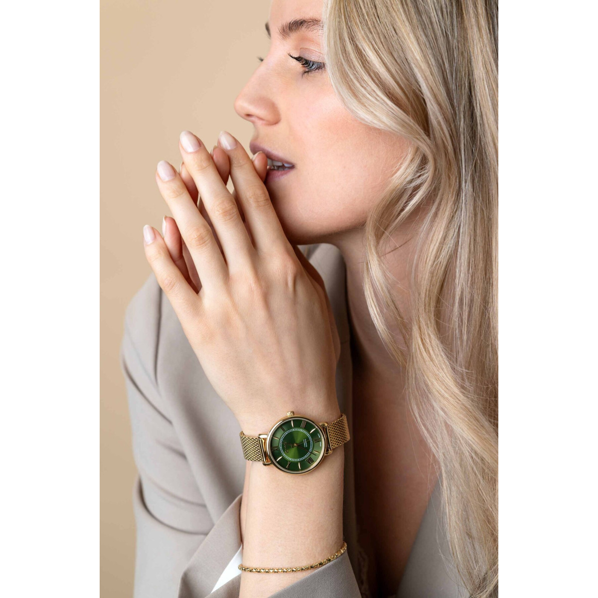 Zinzi ZIW2054 gold plated stalen horloge met groene wijzerplaat en mesh band - Ø 34 mm