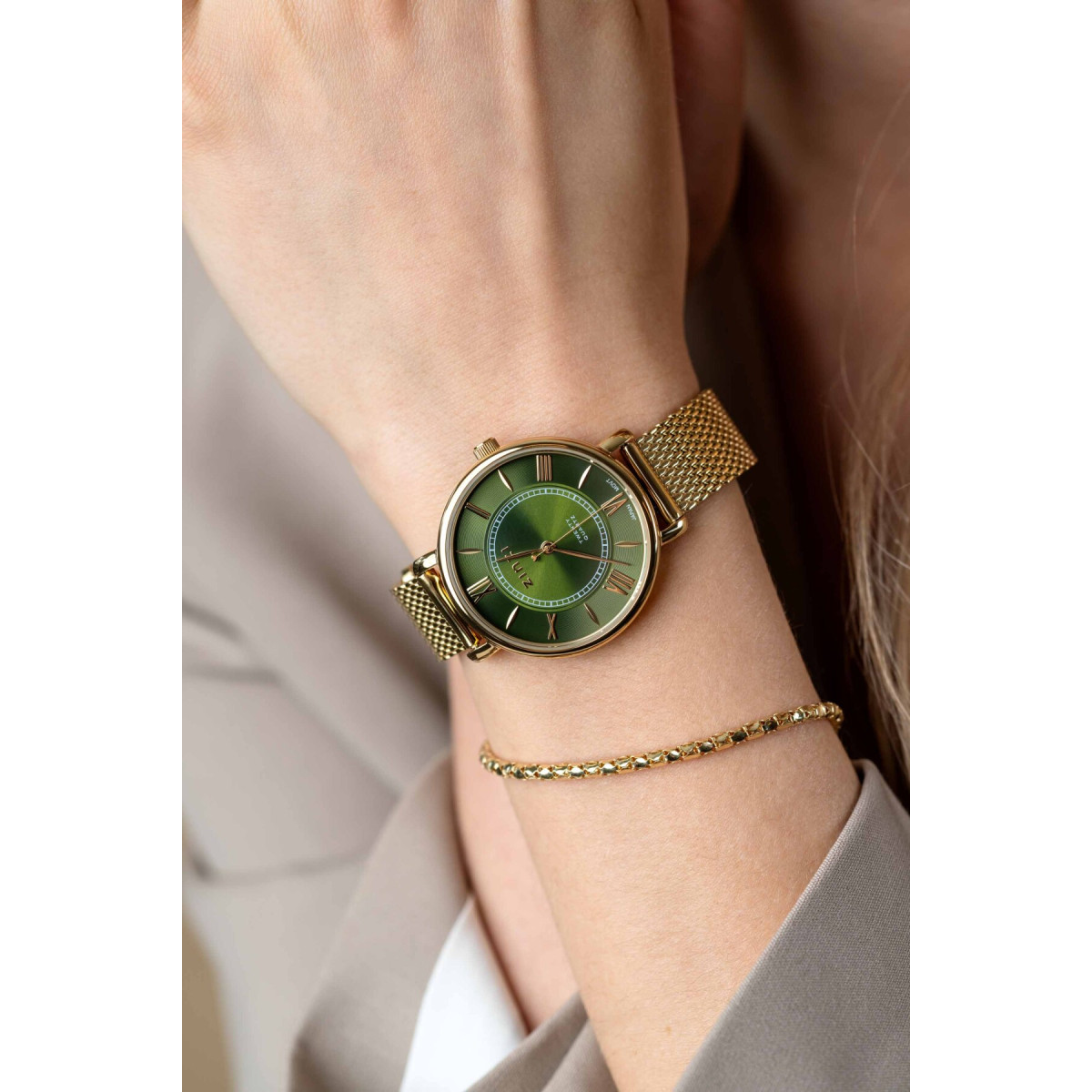 Zinzi ZIW2054 gold plated stalen horloge met groene wijzerplaat en mesh band - Ø 34 mm