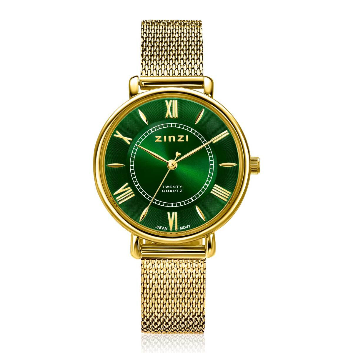 Zinzi ZIW2054 gold plated stalen horloge met groene wijzerplaat en mesh band - Ø 34 mm