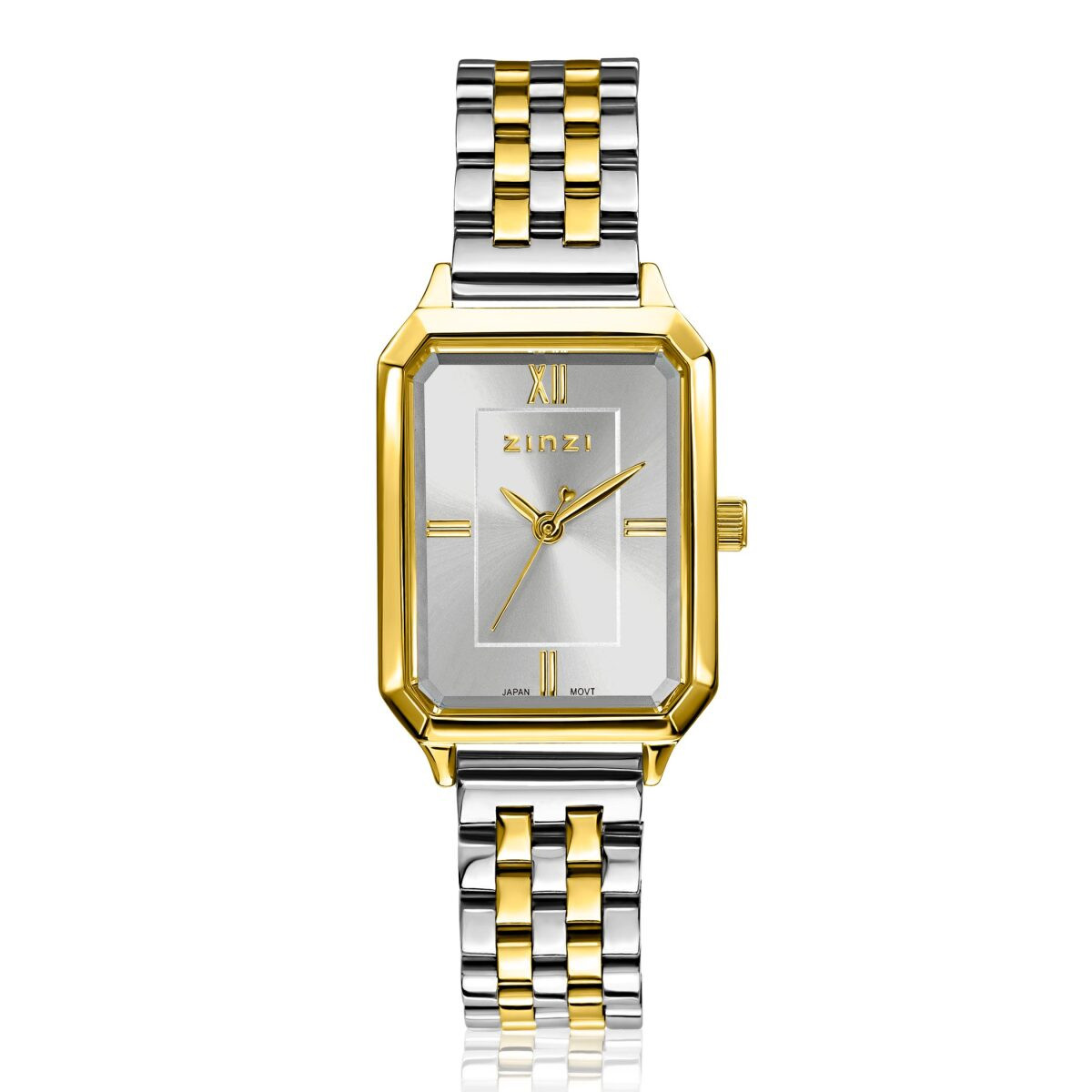 Zinzi ZIW2533 bicolor gold plated stalen dameshorloge met rechthoekige zilverkleurige wijzerplaat