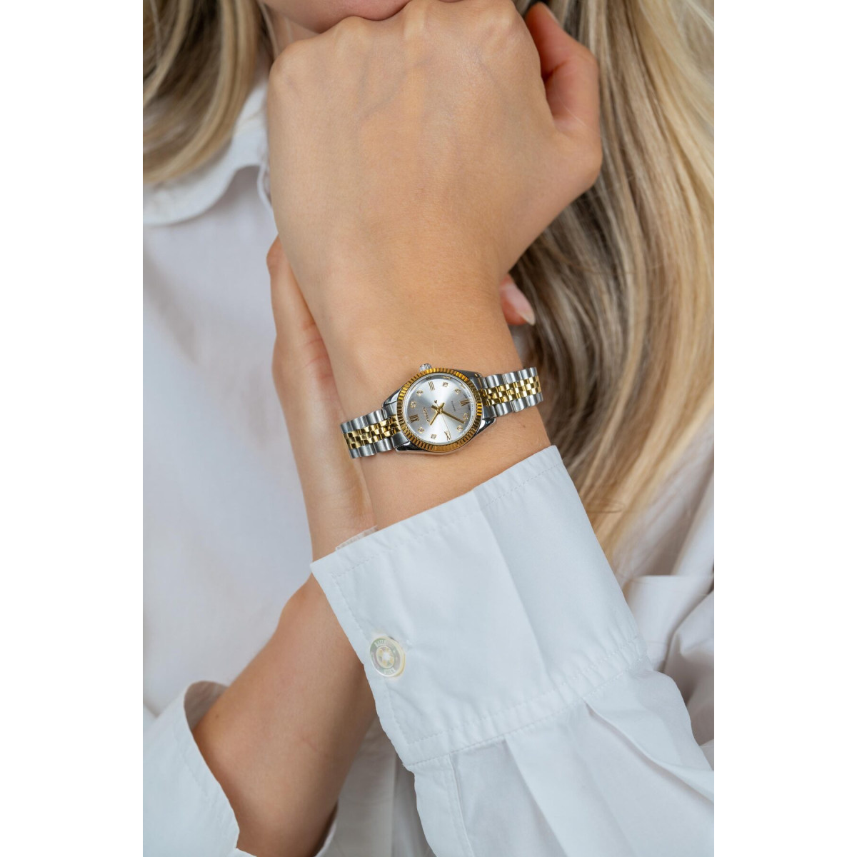 Zinzi ZIW2733 bicolor stalen horloge met Romeinse cijfers en zirkonia steentjes