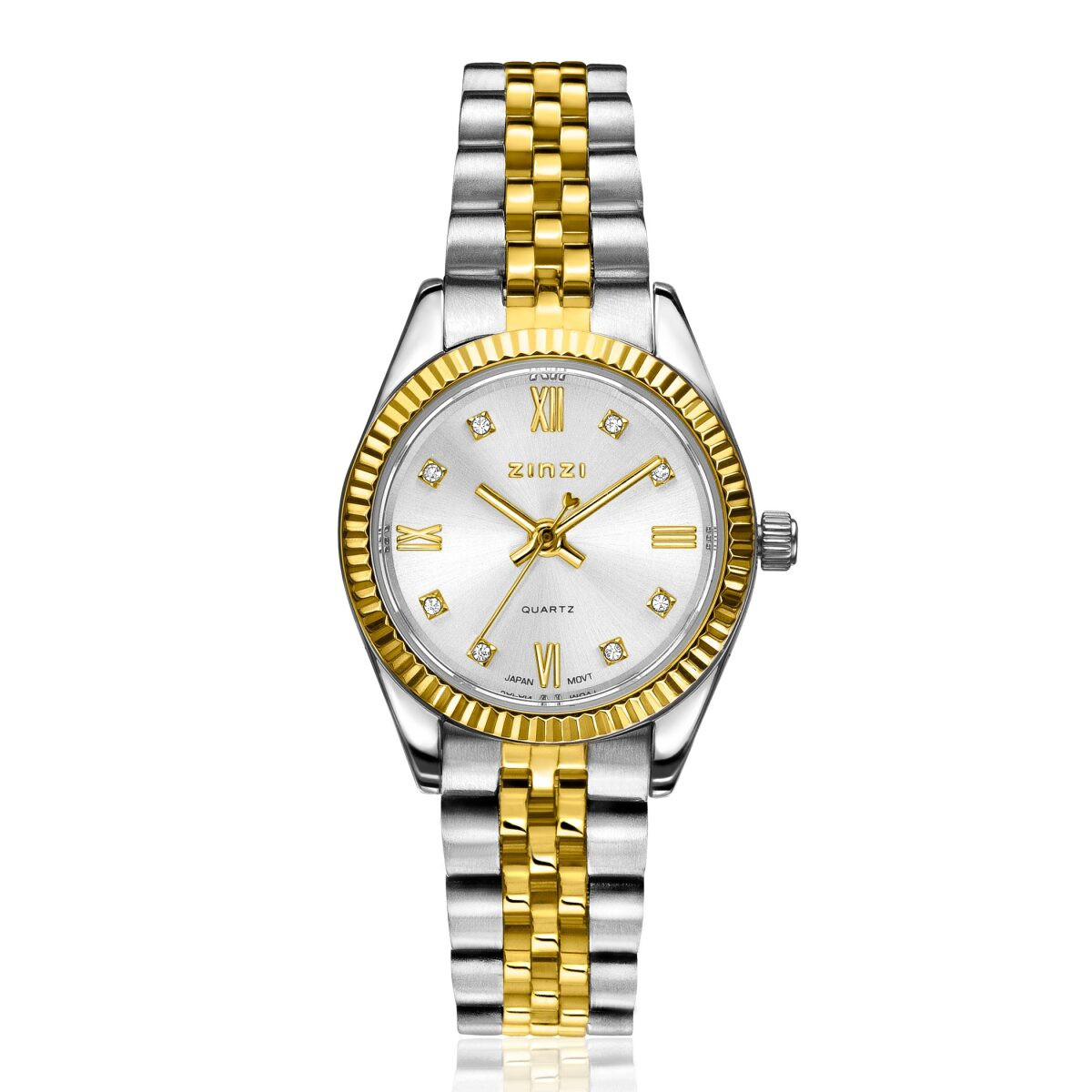 Zinzi ZIW2733 bicolor stalen horloge met Romeinse cijfers en zirkonia steentjes