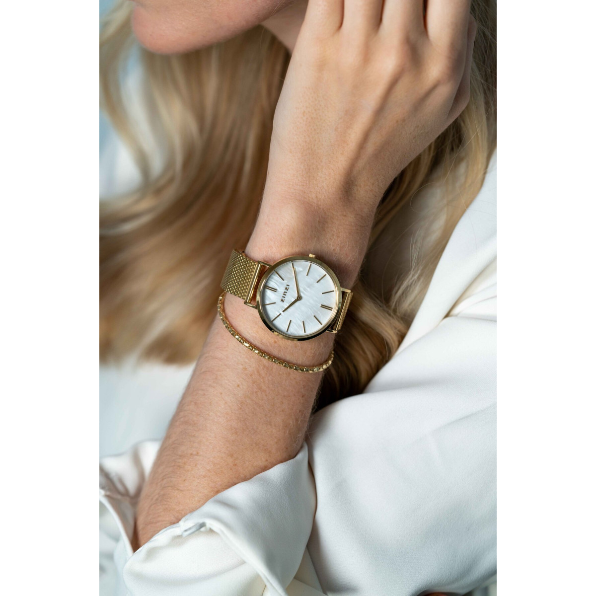 Zinzi ZIW448M gold plated stalen mesh horloge met parelmoer wijzerplaat - Ø 38 mm