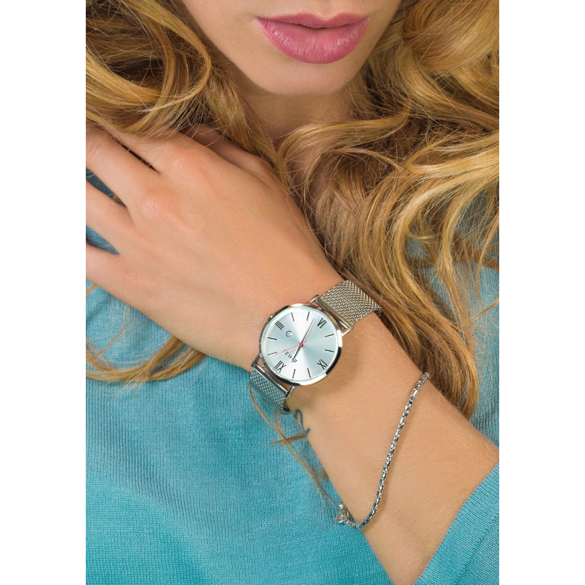 Zinzi ZIW502M zilverkleurig stalen horloge met mesh band en datumweergave - Ø 34 mm