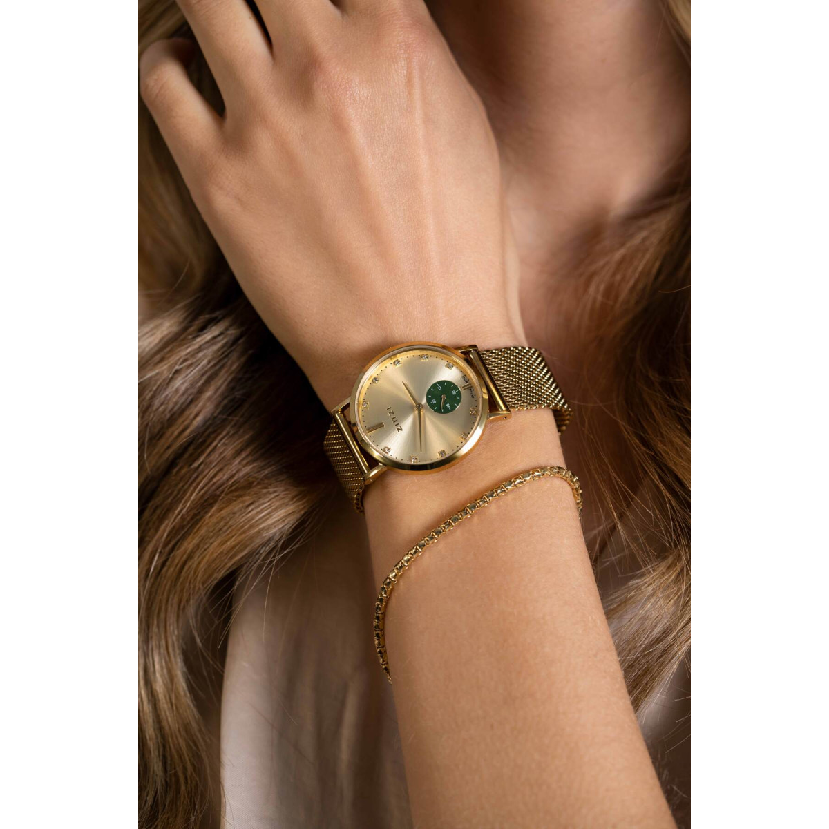 Zinzi ZIW535M gold plated stalen dameshorloge met groene wijzerplaat en zirkonia - Ø 34 mm