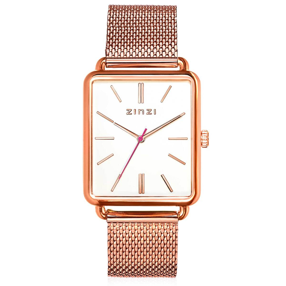 Zinzi ZIW908M roségoudkleurig gold plated dameshorloge met rechthoekige kast en mesh band